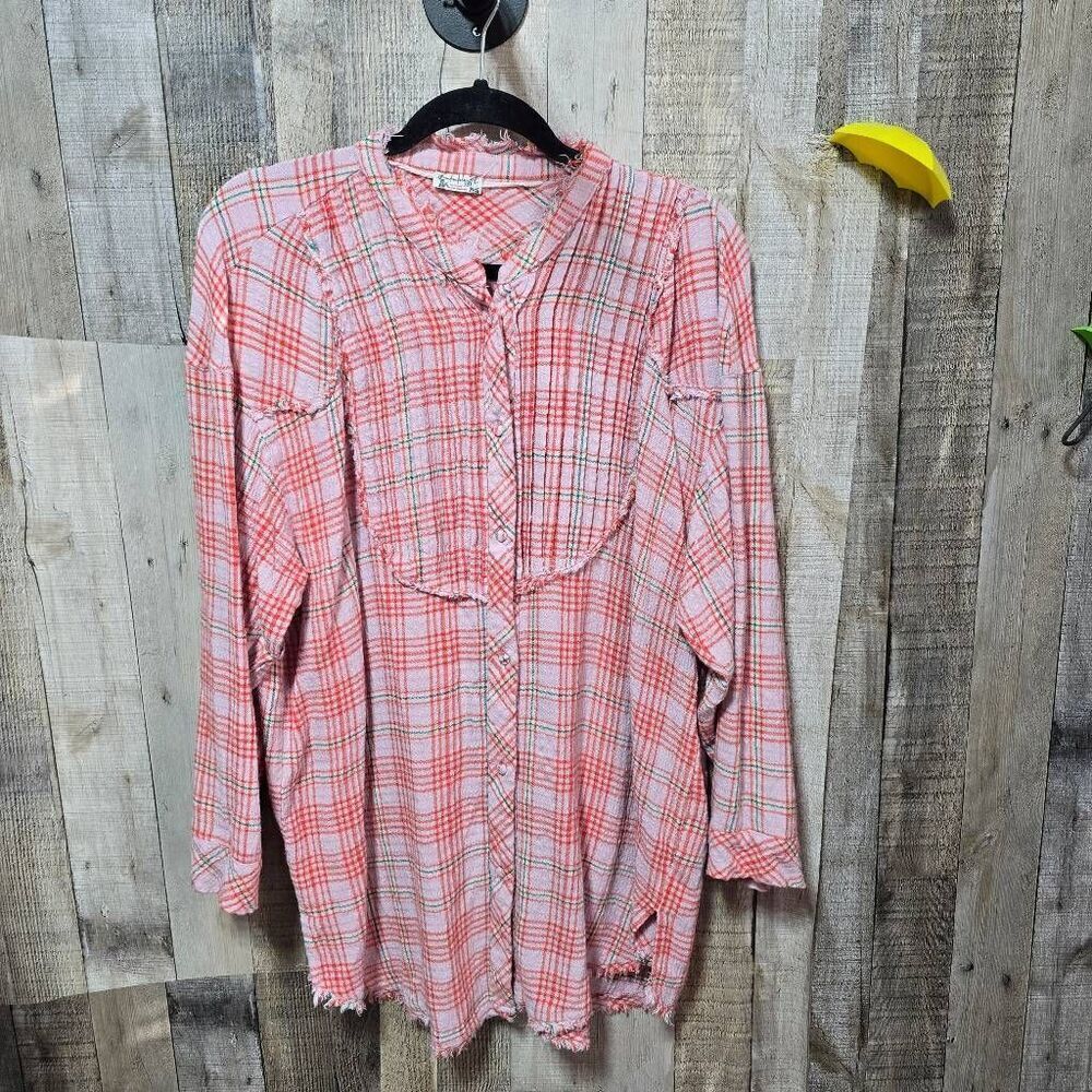 Free People Intimately Plaid Oversized Tunic Top Long Sleeve Distressed Hem